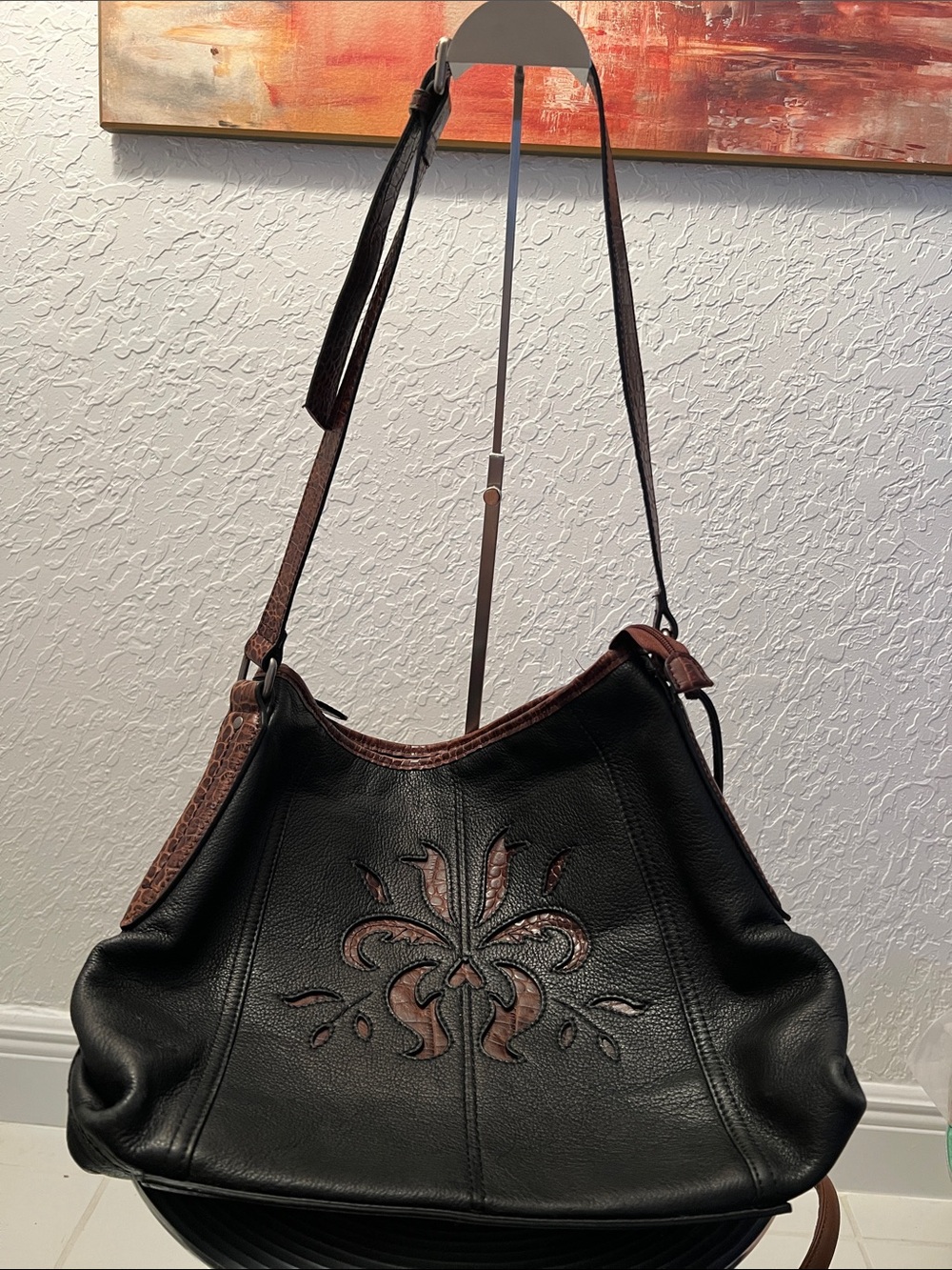 BORN GENUINE LEATHER BLACK and BROWN EMBOSSED SHOULDER BAG